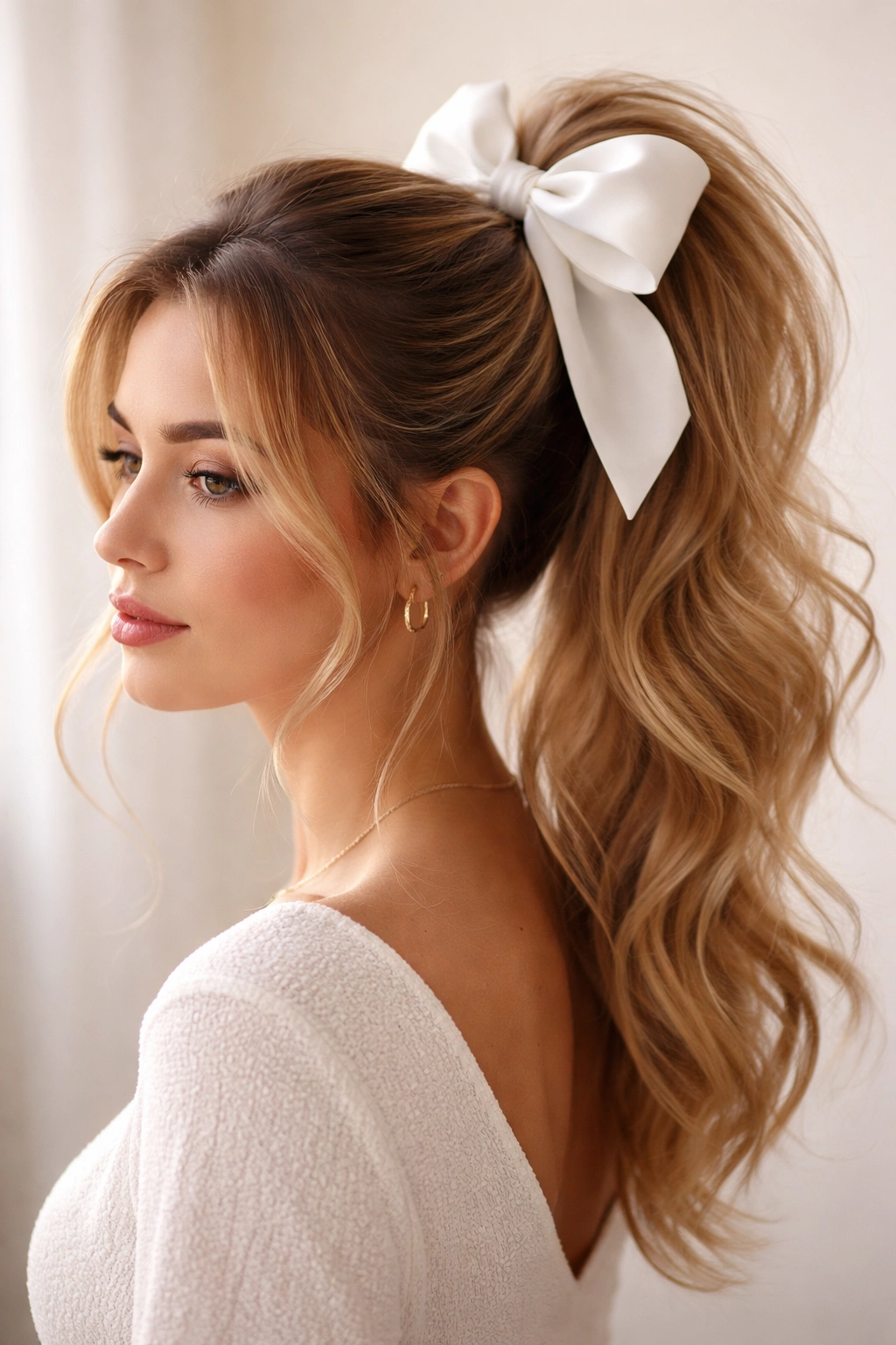 High ponytail with wispy face-framing pieces and oversized bow
