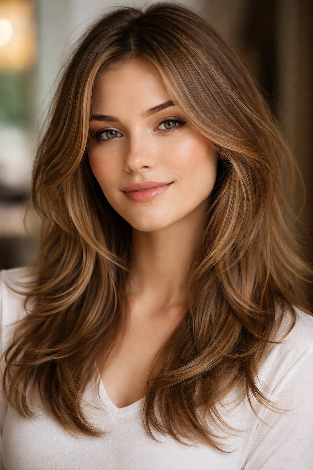 Face-framing wispy layers around cheekbones and jaw