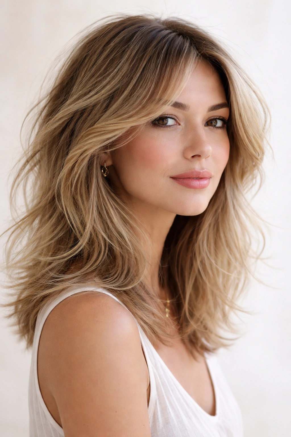 Shoulder-length hair with delicate wispy layers creating a soft, airy texture.