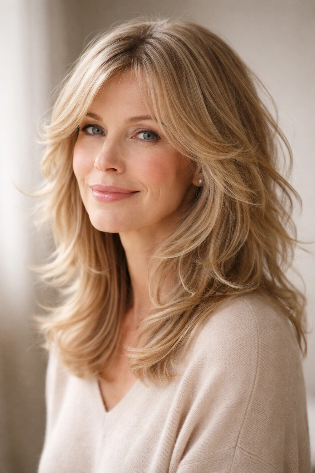 Close-up of wispy layered hair with soft waves during chemo hair regrowth