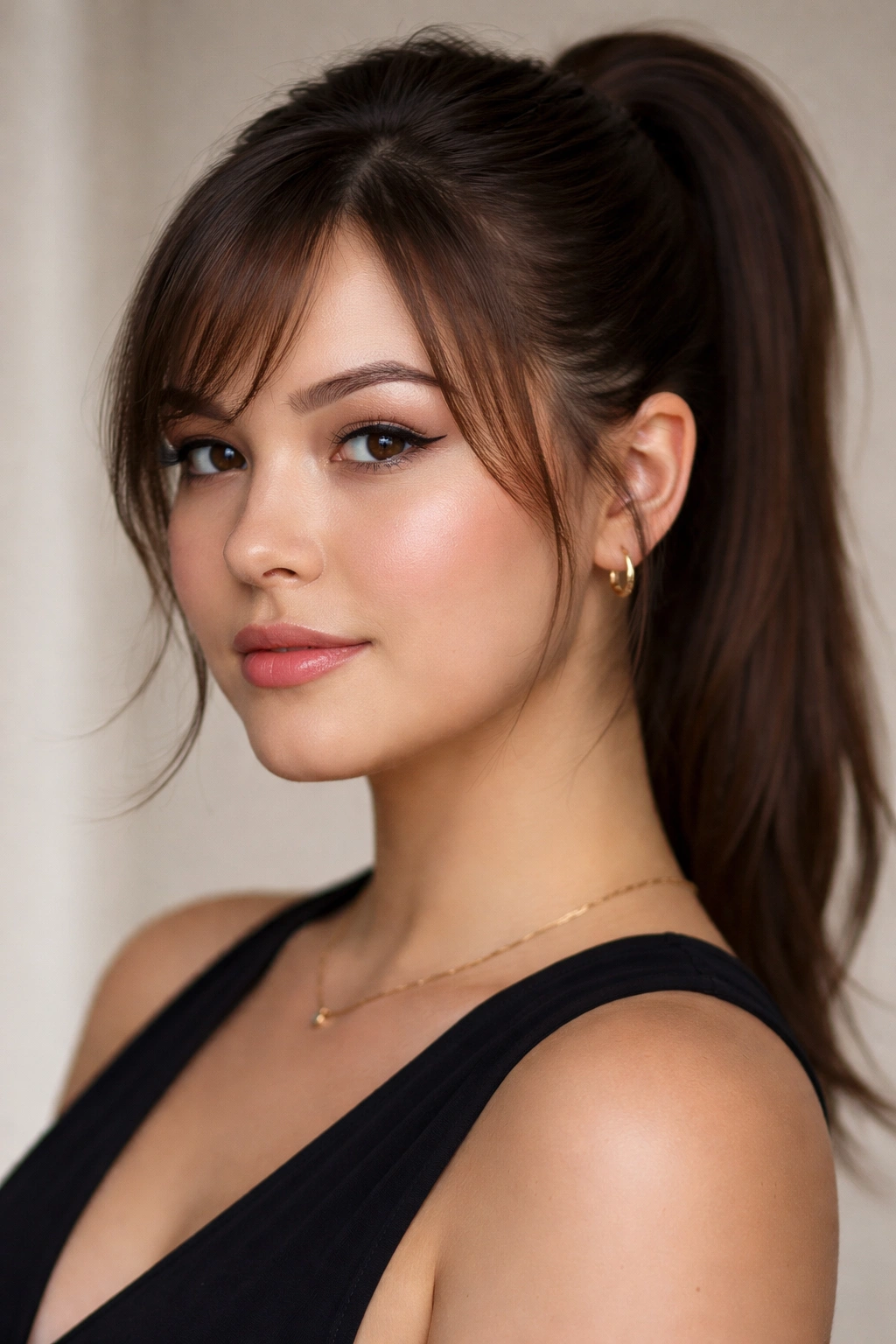 Close-up of a round-faced model with wispy side bangs and a high ponytail