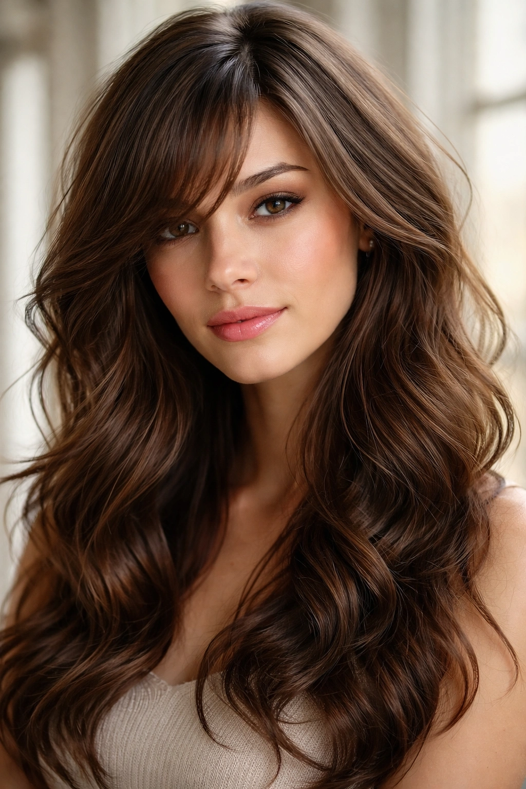 Diagonal wispy bangs sweeping across a face with thick wavy hair
