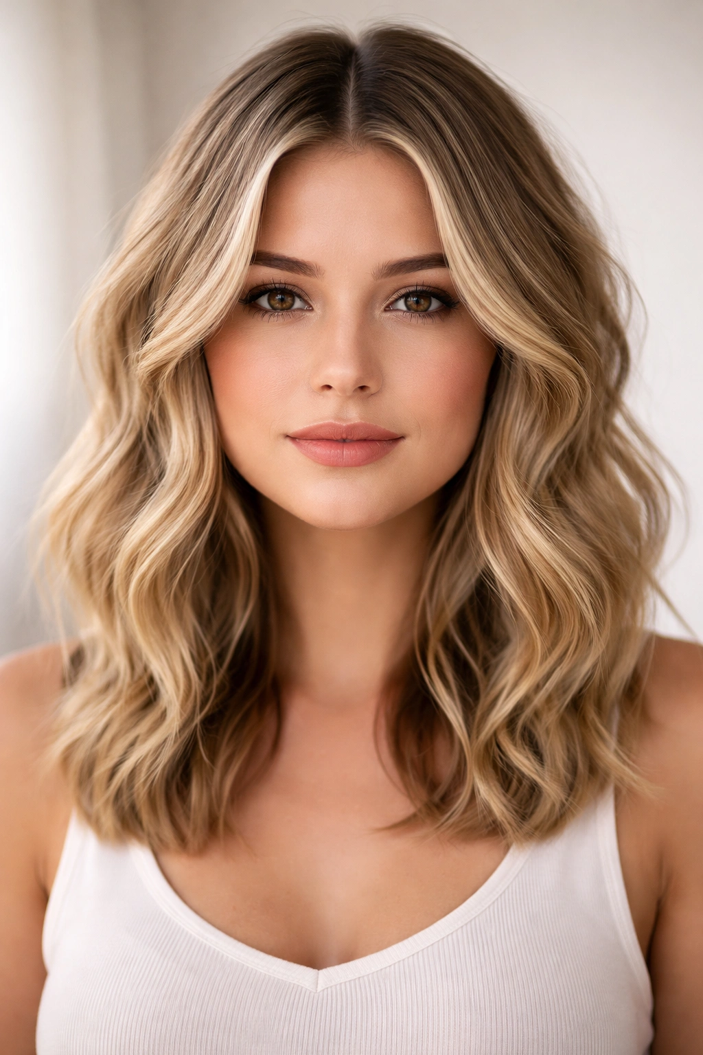 Close-up of shoulder-length hair with a center part and wispy waves.