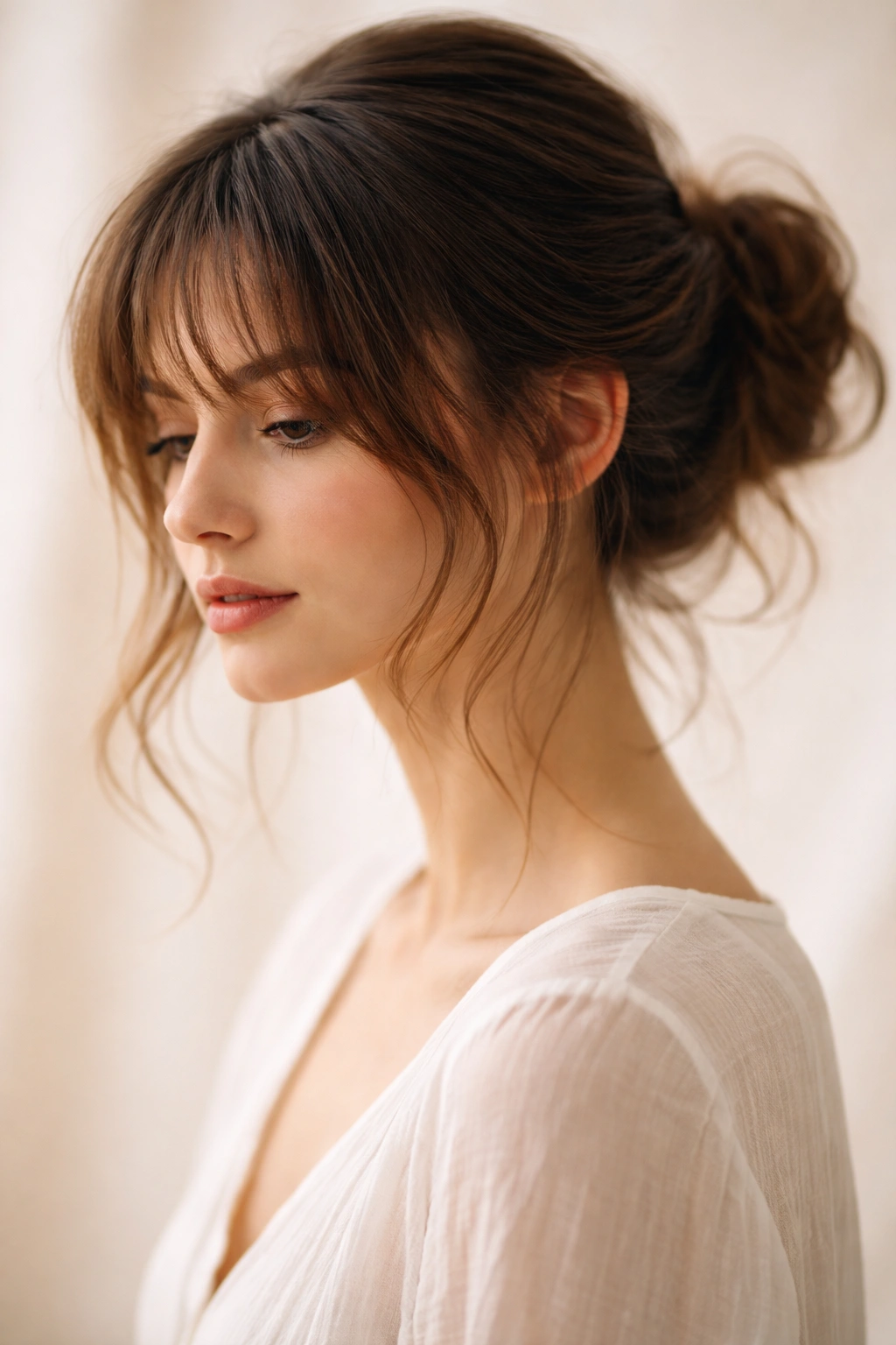 Portrait with wispy soft bangs and a loose romantic low bun