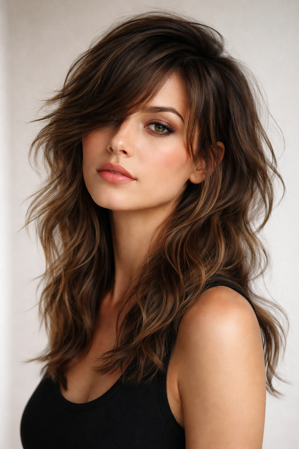 Side-swept wolf cut with asymmetrical layers and flowing waves.