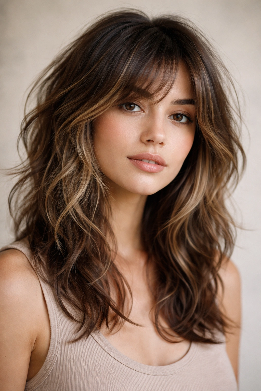 Close-up portrait of a person with a medium wavy wolf cut and subtle balayage highlights around the face