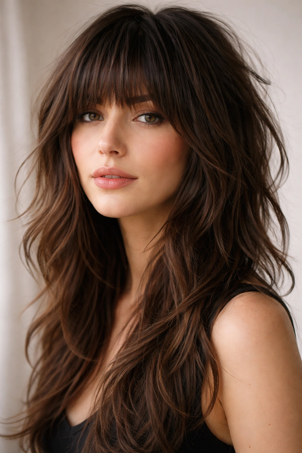 Close-up of a person with thick, choppy bangs and extended wolf cut layers