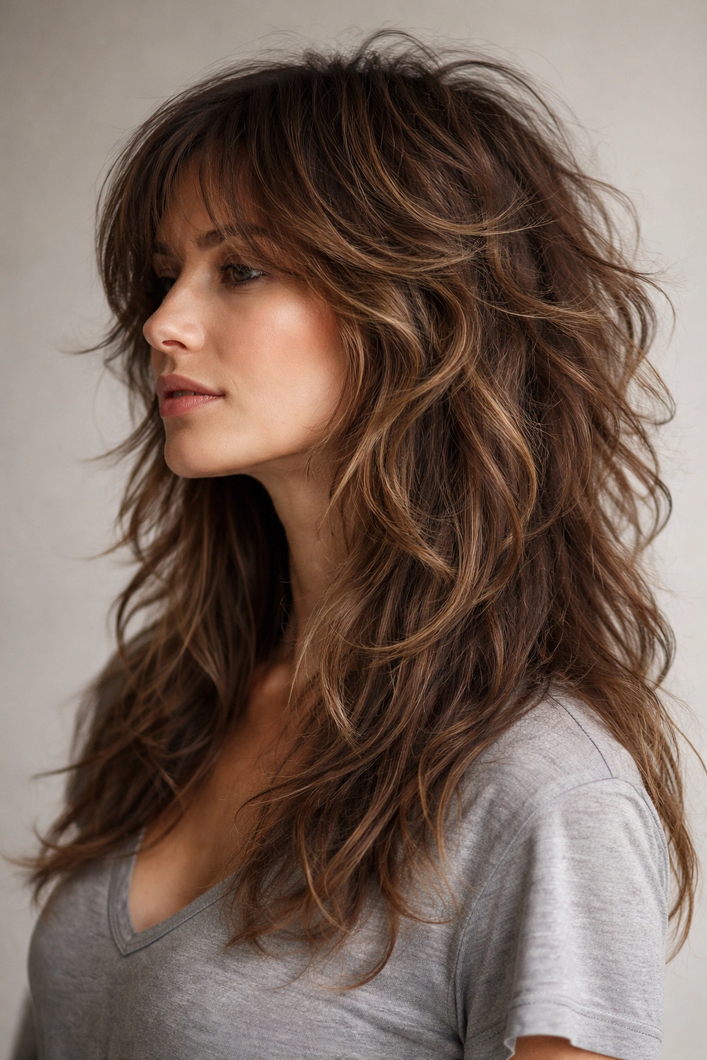 Side-profile of a loose curl wolf cut with crown layers and longer underneath for volume.