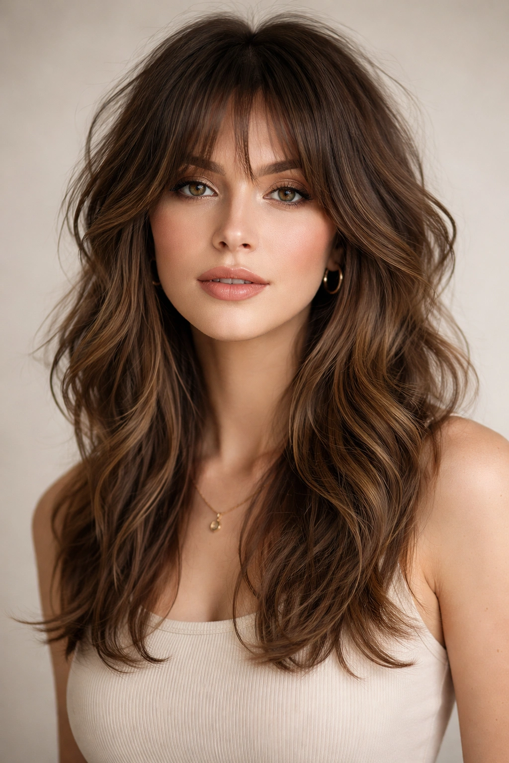 Face-framing wolf cut with longer curtain layers and shoulder-length waves