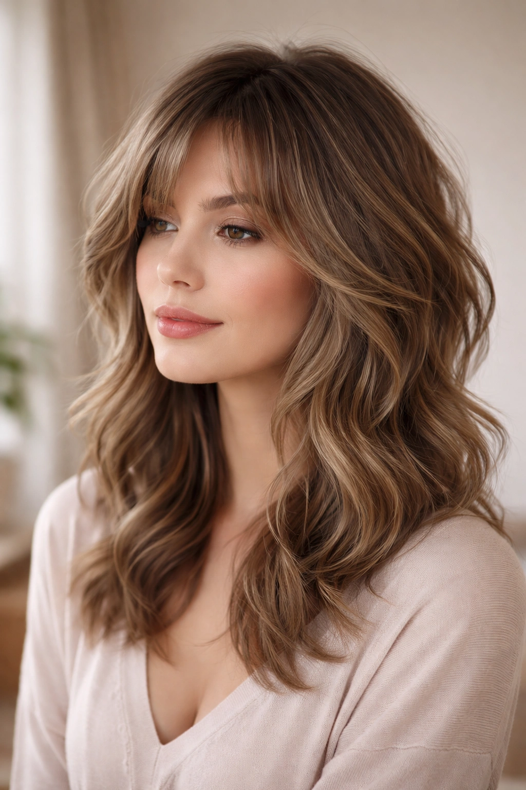 Soft feathered wolf cut with blended layers and smooth waves