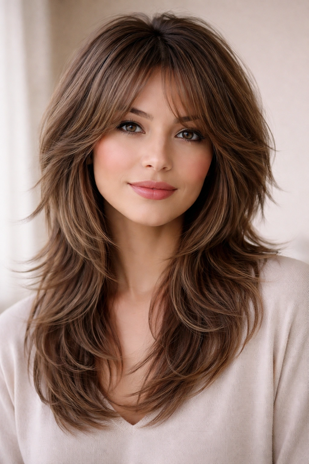 Portrait of a person with a feathered wolf cut showing crown volume and flowing layers