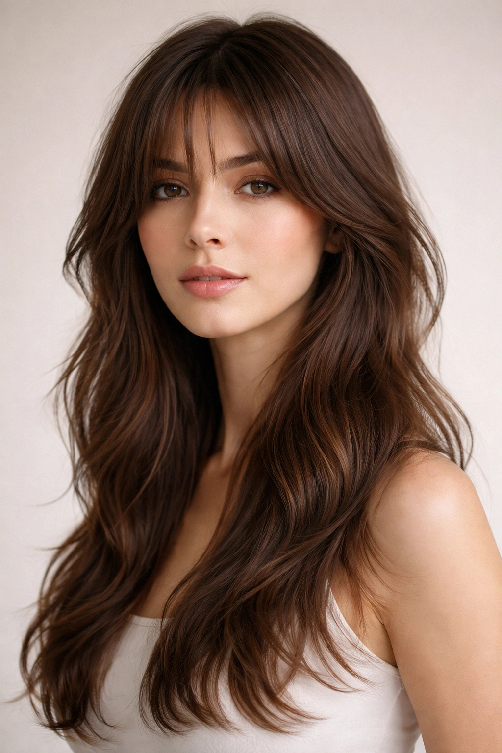 Close-up portrait of a person with a minimalist wavy long wolf cut showing subtle face-framing layers