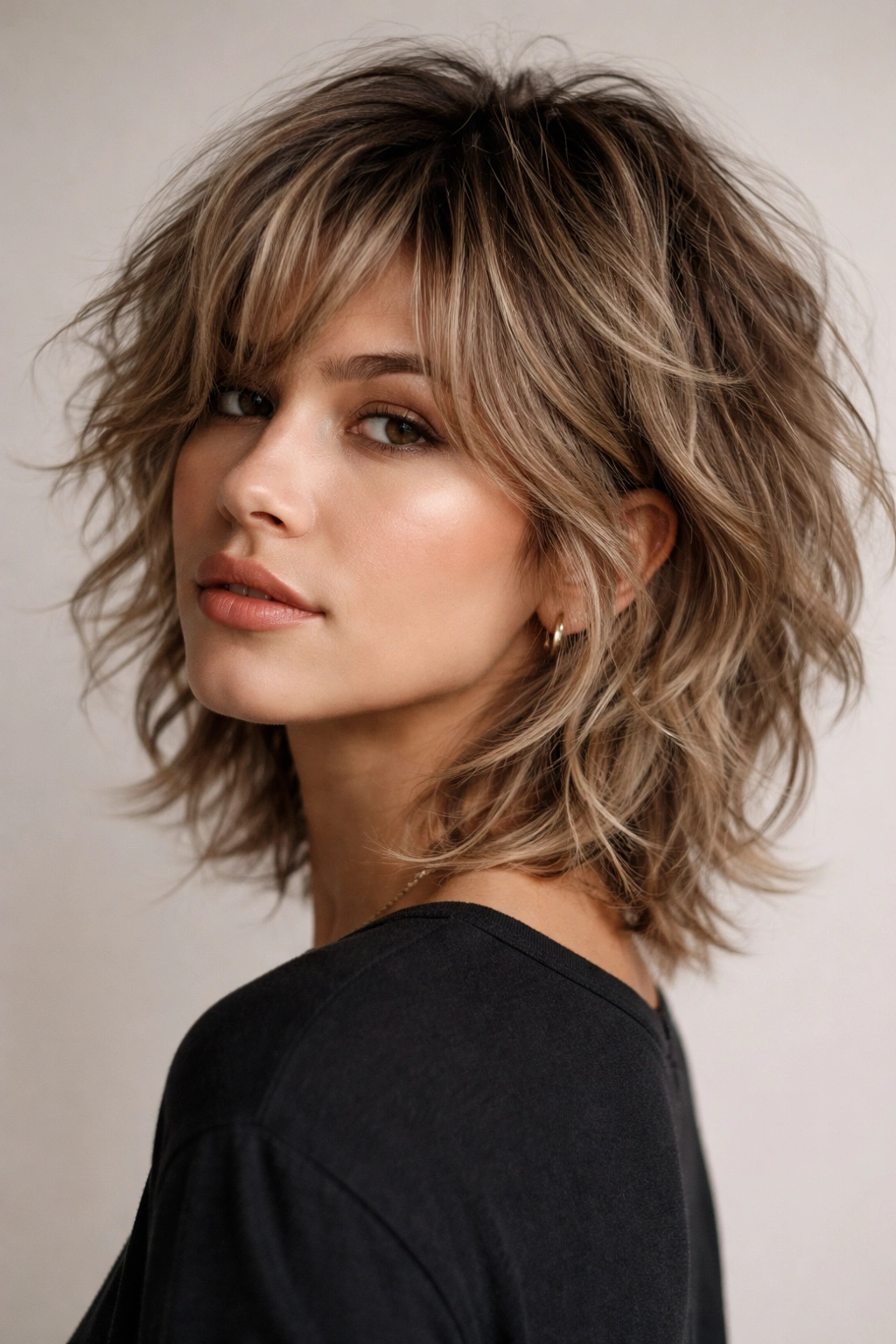 Three-quarter view of a short wolf cut hairstyle with feathered layers and waves.