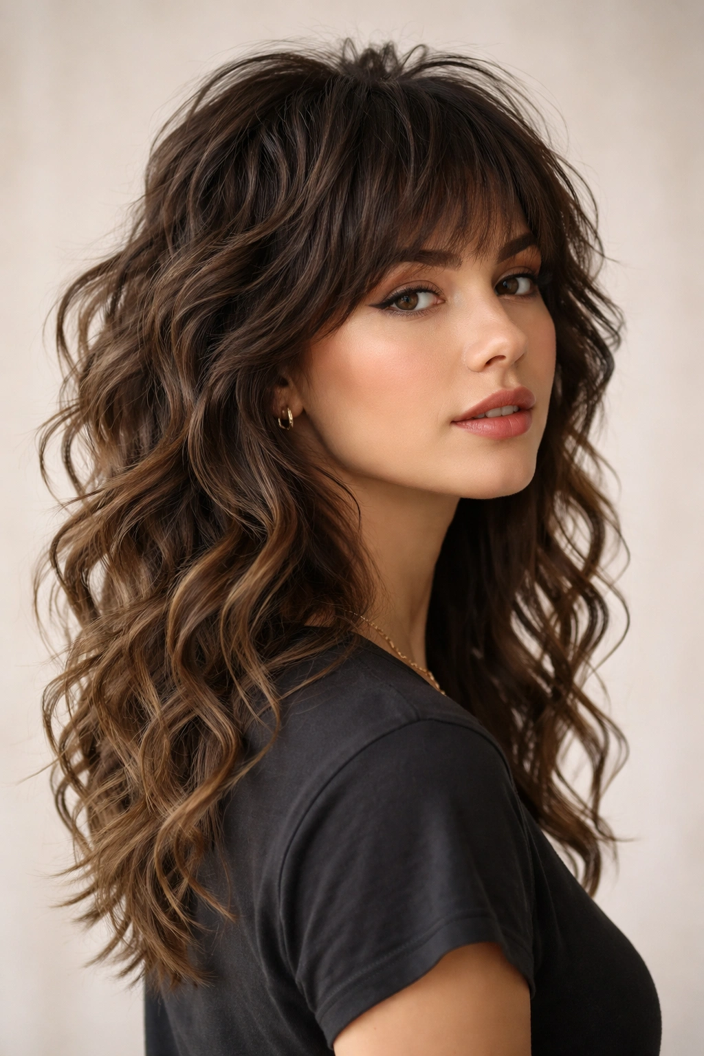 Portrait of a person with textured wolf cut and defined spiral waves on shoulder-length hair.