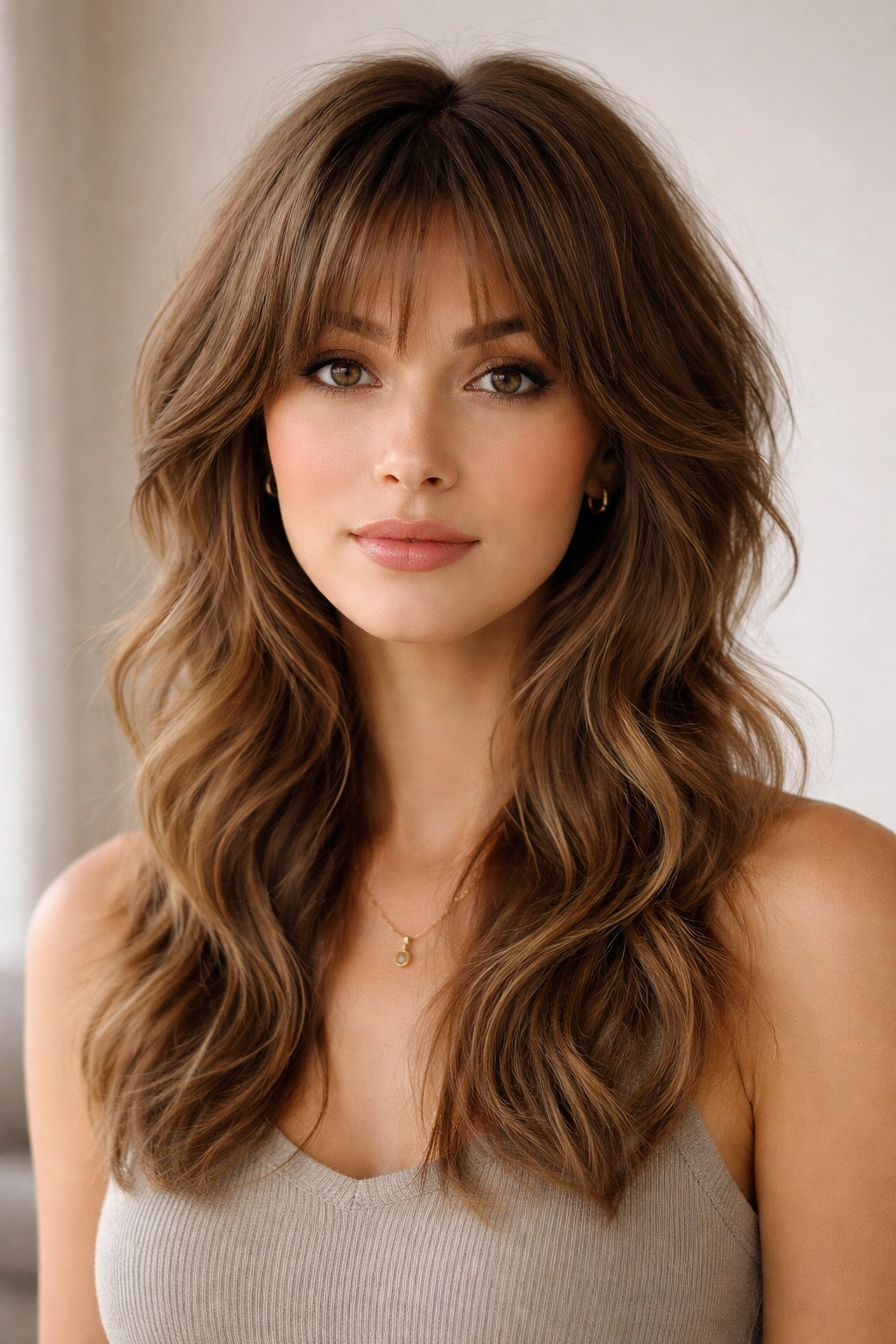 Wolf cut with subtle layers and soft waves for a polished look.
