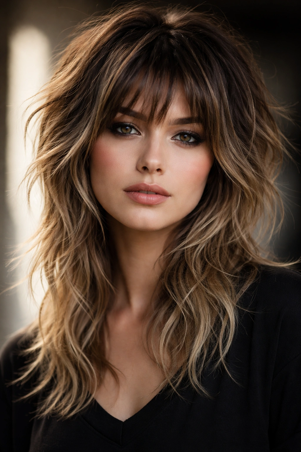 Medium-length wolf cut with short top layers and longer bottom layers.