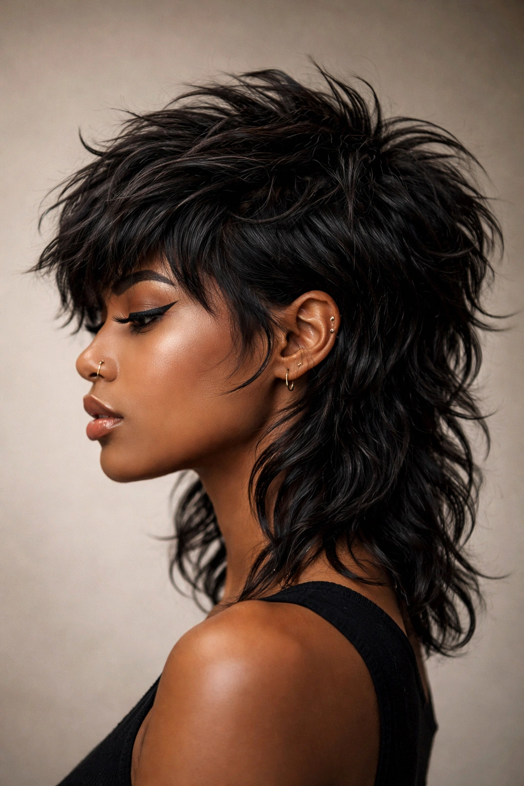 Textured wolf cut with short crown and longer underneath waves.