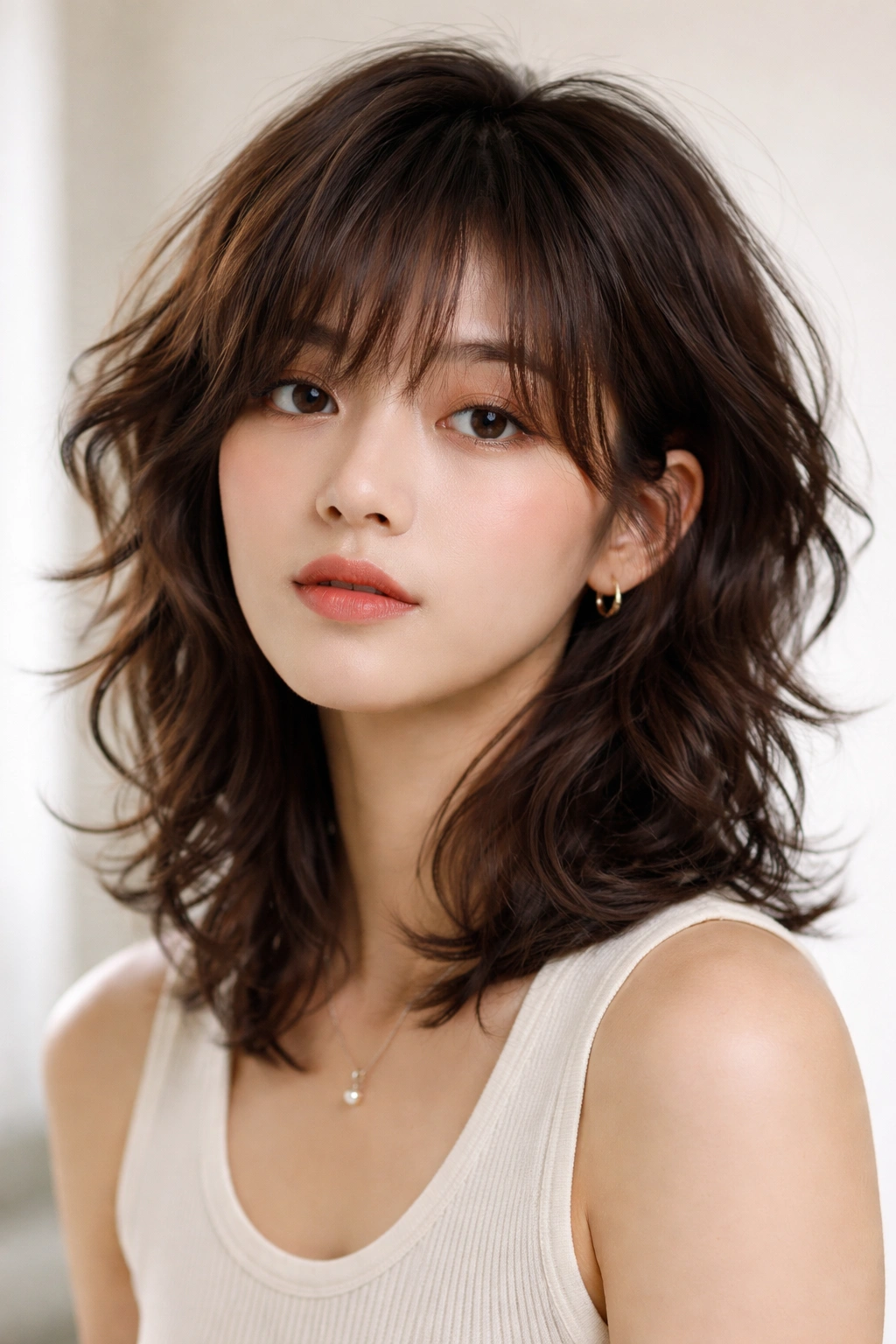 Close-up of textured wolf cut with soft waves on a model, showcasing layered fringe and voluminous back