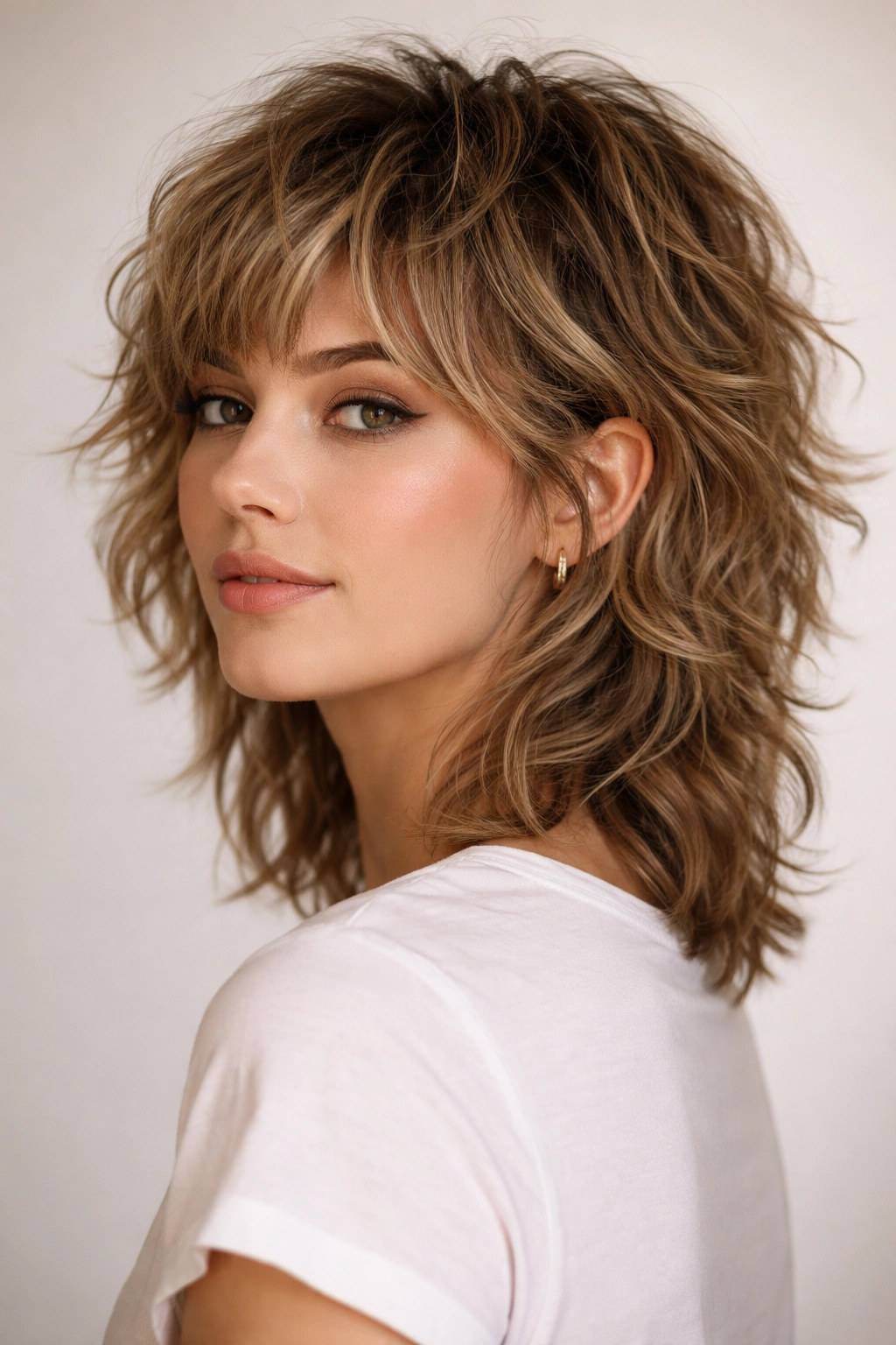 Head-and-shoulders view of a wolf cut with short crown layers and back-length texture on wavy hair