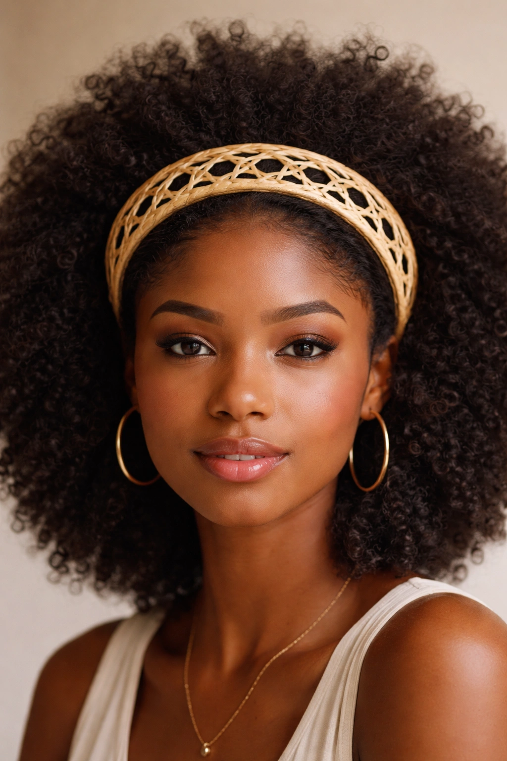 Full afro framed by open-weave woven basket headband