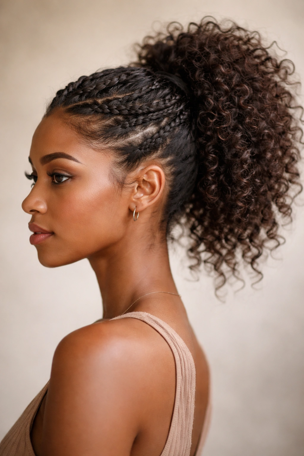 Close-up of a crown-style weave around the head with curls forming a high ponytail