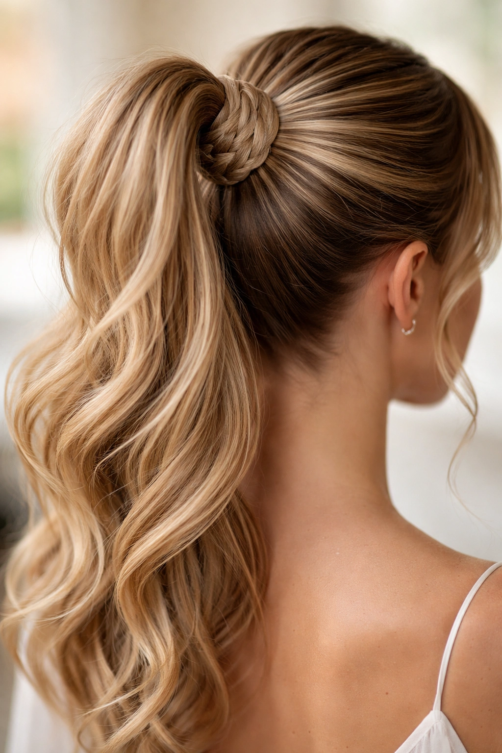 High ponytail wrapped with woven hair weave