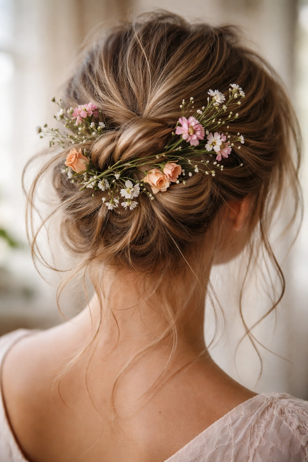 Undone updo with stems woven through the bun