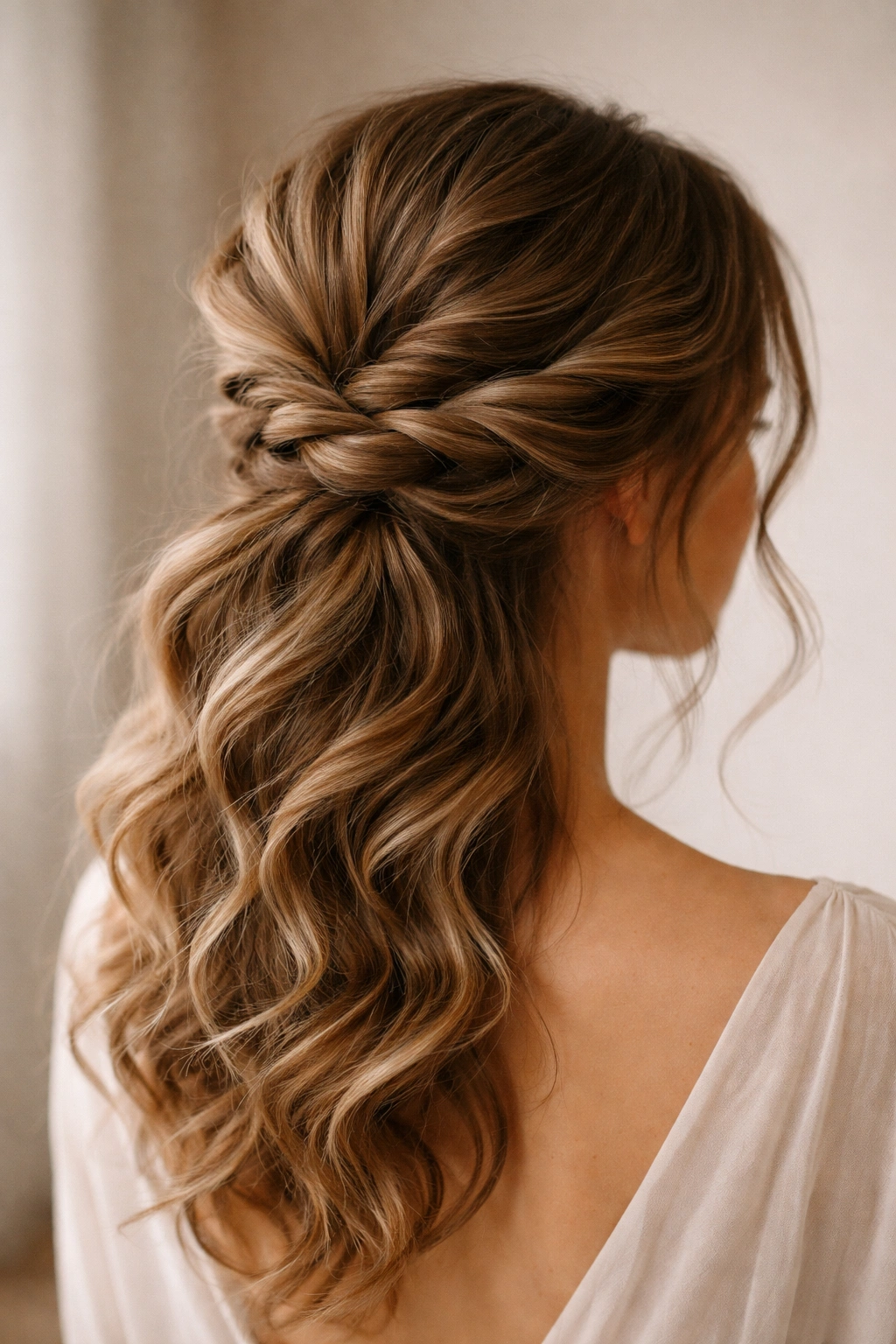Back view of a woven twisted updo with interlaced twists at the nape.