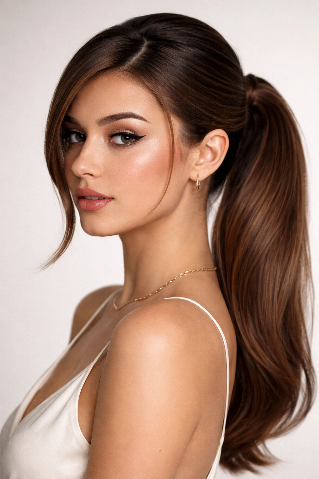 Side ponytail featuring a wrap-around bang section concealing the elastic