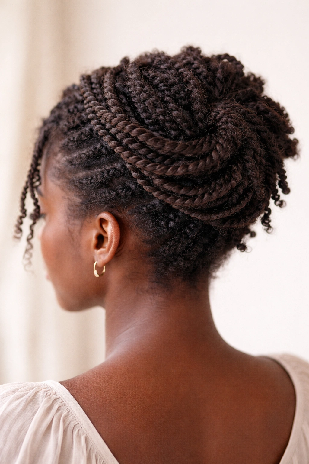 Short Afro head with two-strand twists wrapped around a crown forming a compact updo