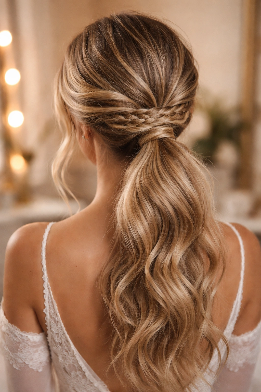 Wrap-around braid around the base of a low ponytail
