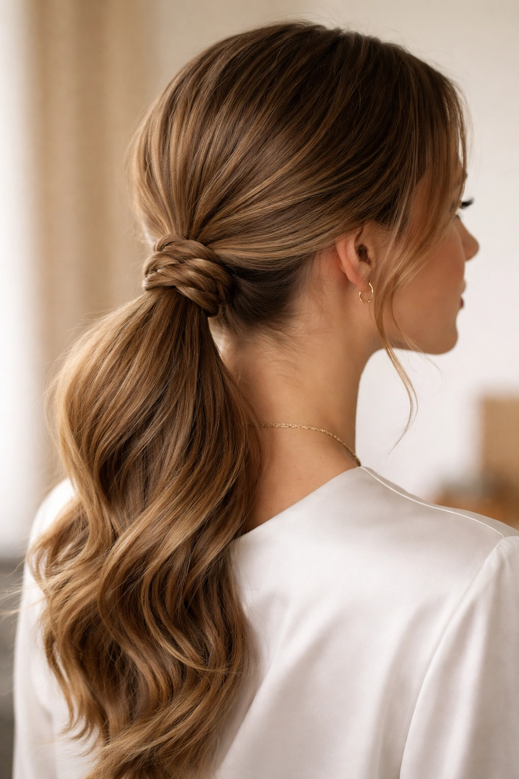 Low ponytail with a braid wrapped around the base.