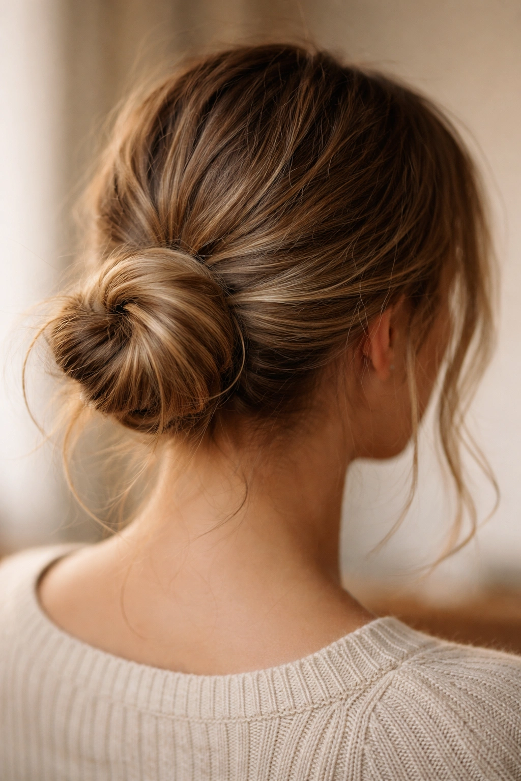 Low bun with wrap-around hair concealing the elastic