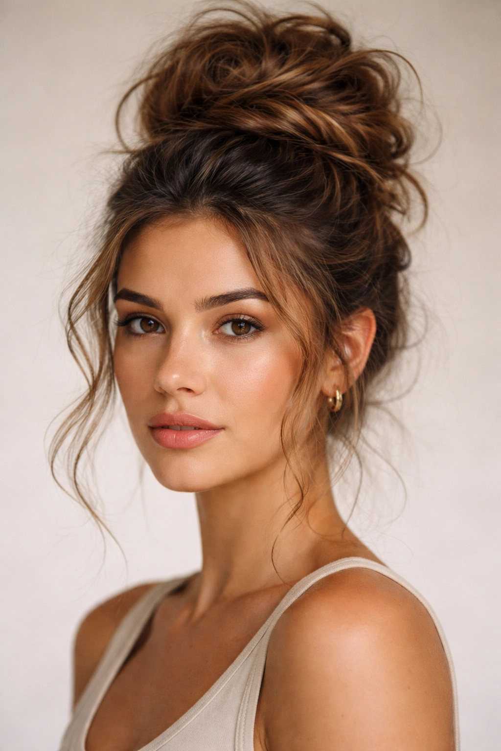 Front view of a textured wrap-around bun on thick frizzy hair