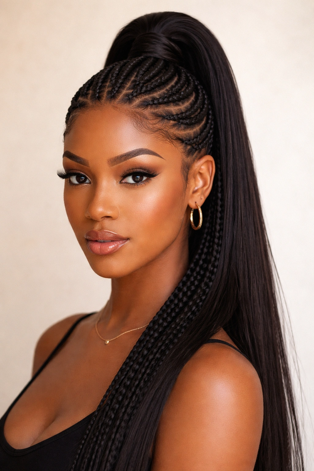Wrap-around cornrows framing the head with a central high ponytail