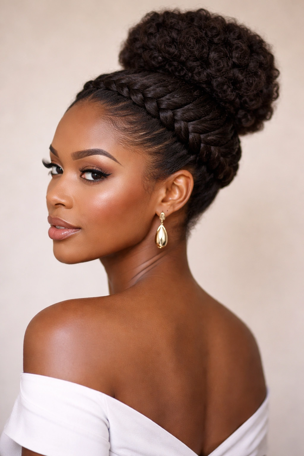 Three-quarter view of a wrap-around crown bun with a braided section.