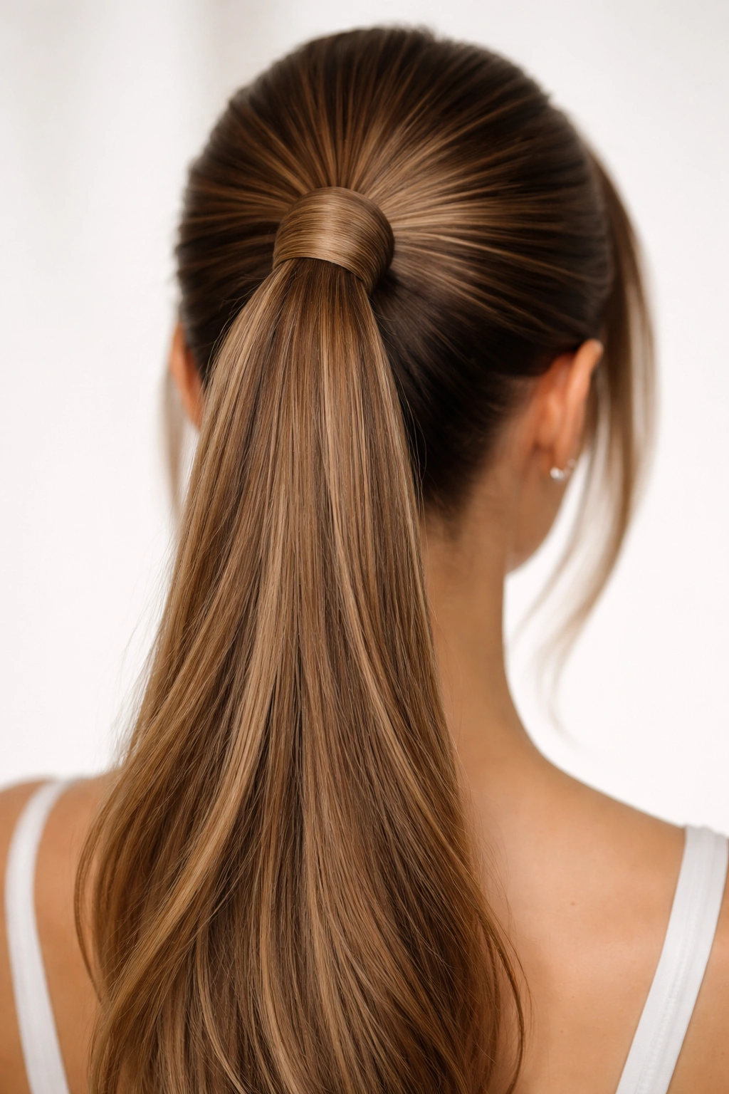 Close up of wrap-around hair detailing around a ponytail base forming double-front illusion