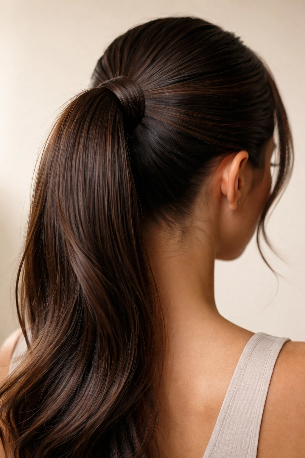 Back view of a high ponytail with a hair wrap around the base concealing the drawstring, glossy and smooth.