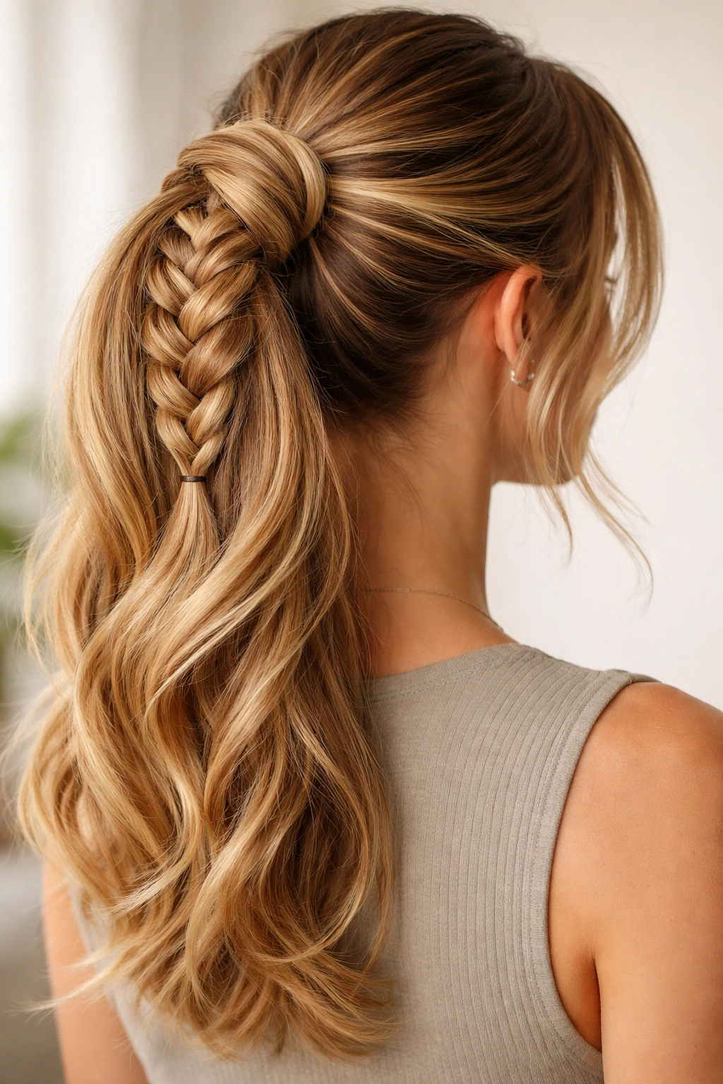 Ponytail with a Dutch braid wrapped around the base