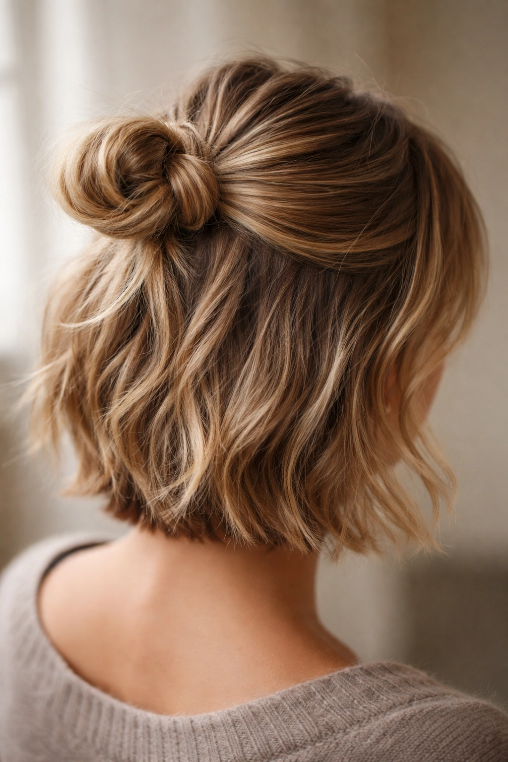 Loose half ponytail with a twist wrap around the elastic and tucked under the bun