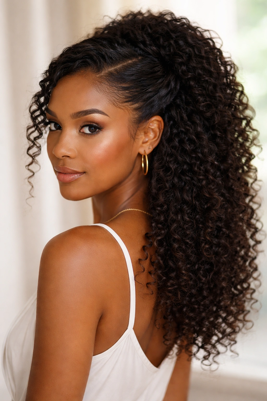 Wrap-around half up with curls, one side wrapped back