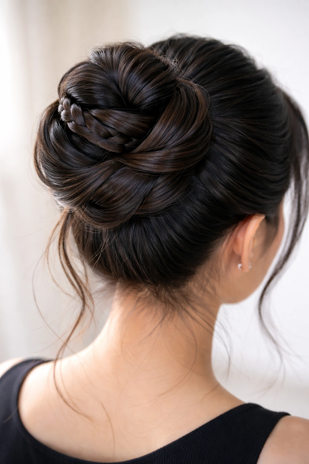 Sculptural infinity wrap bun with braided, twisted, and wavy sections.