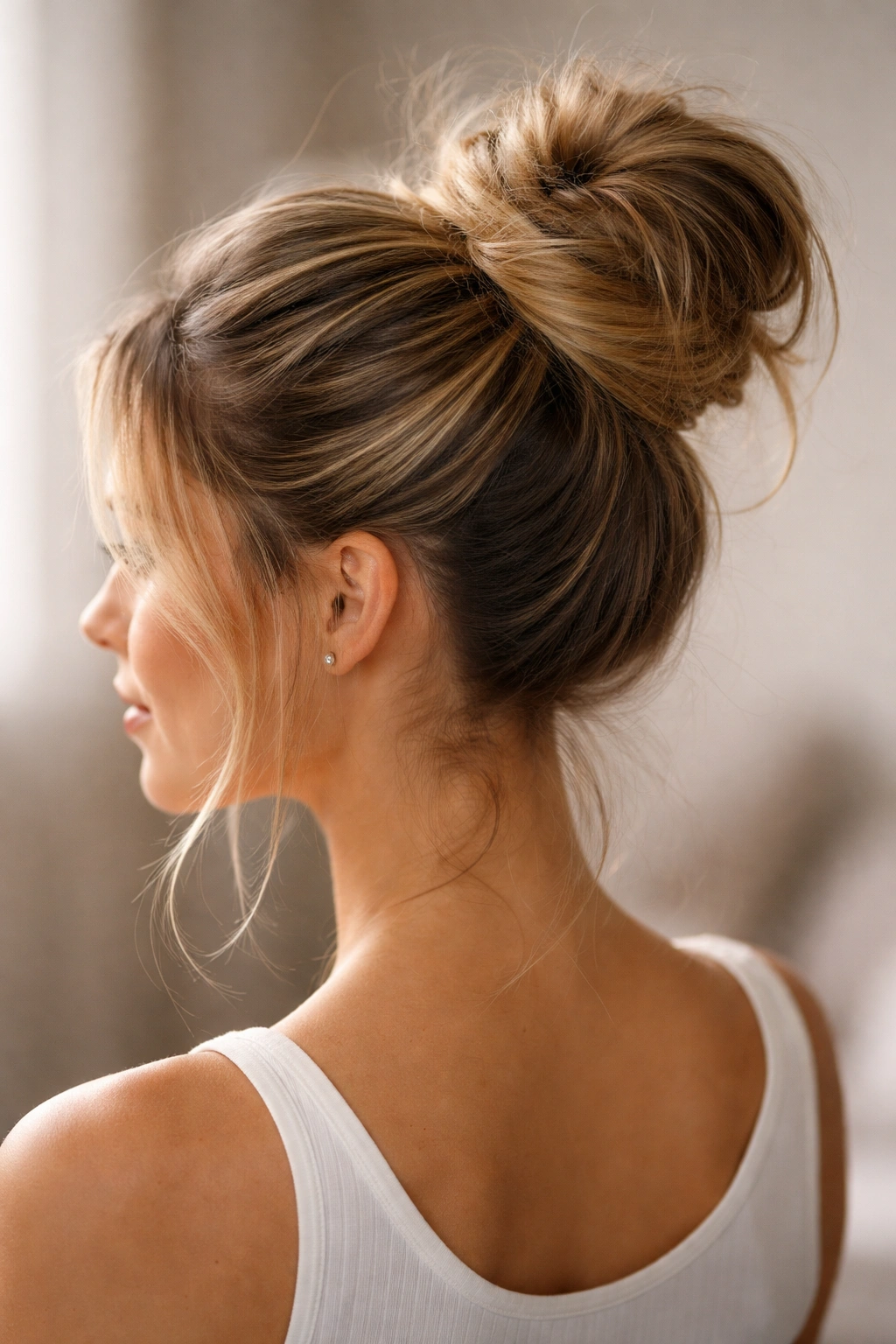 High ponytail with wrap-around section concealing elastic at the bun