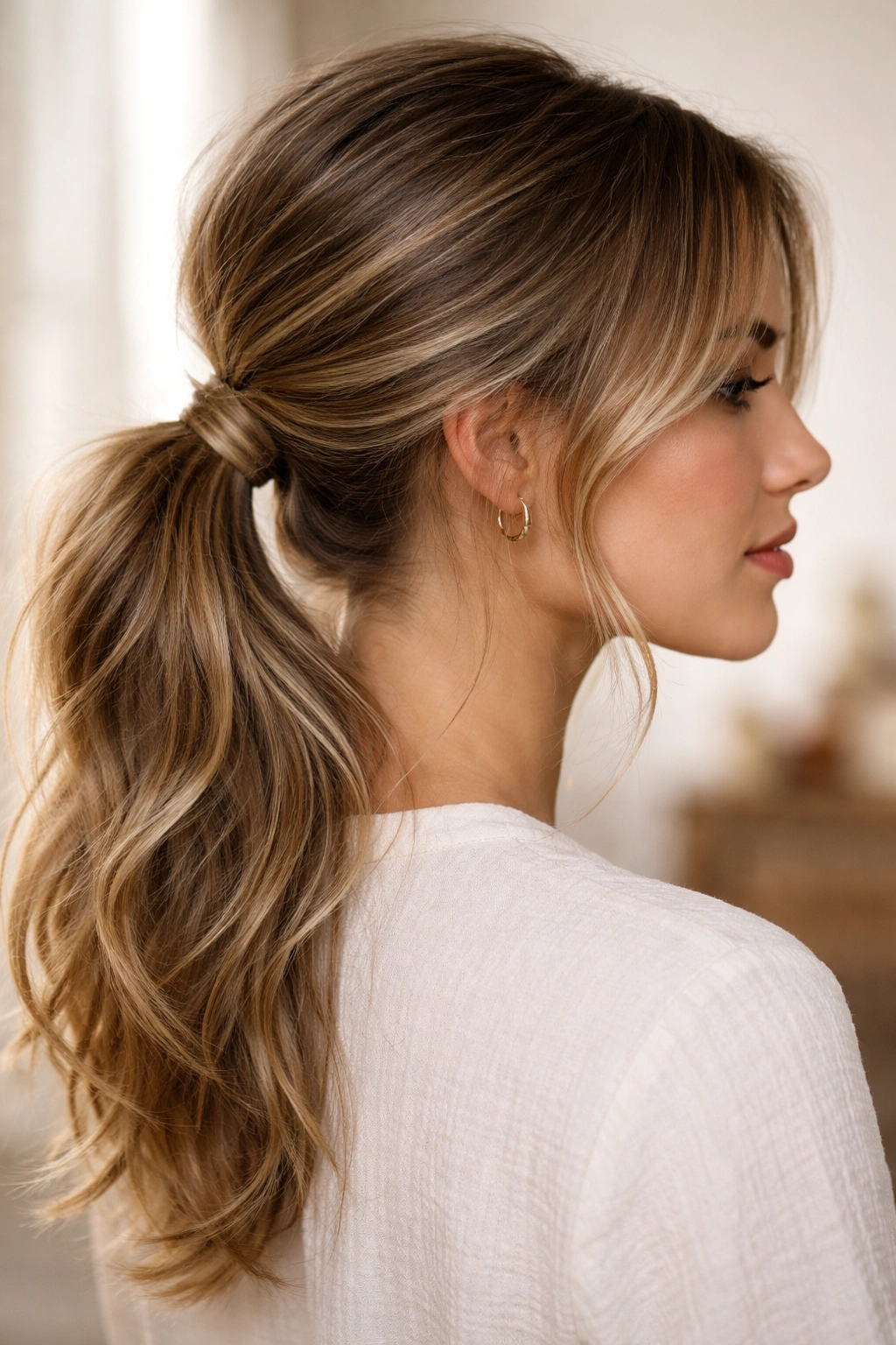 Low ponytail with hair wrapped around the base to hide the elastic