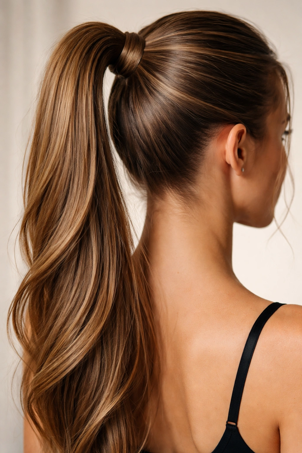 Close-up of The Wrap-Around High Ponytail showing the wrapped strand around the base