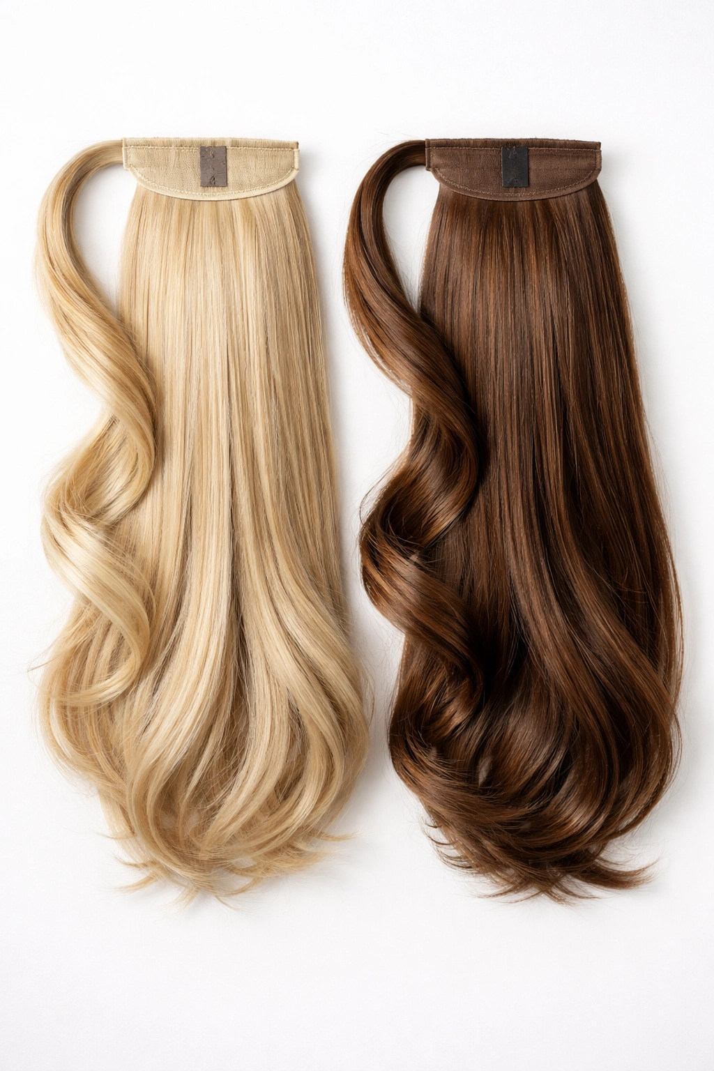 Hand-tied wrap-around human hair ponytail base with concealing wrap