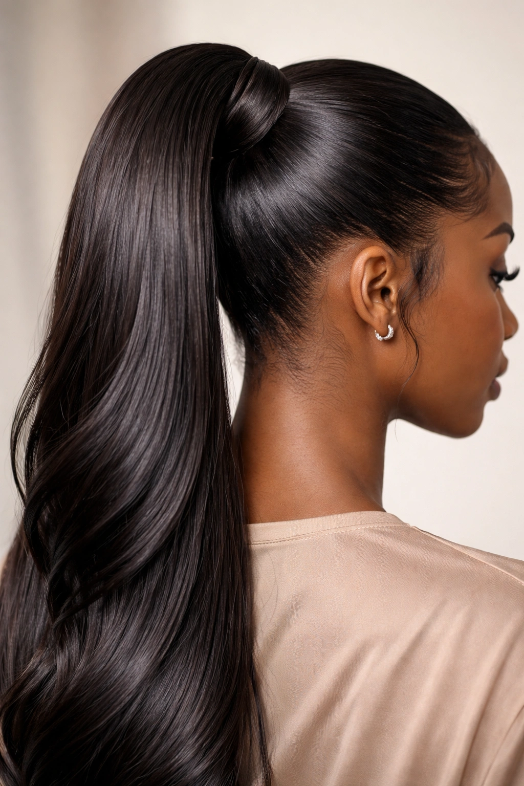 Close-up of a wrapped ponytail base concealing the elastic with glossy hair