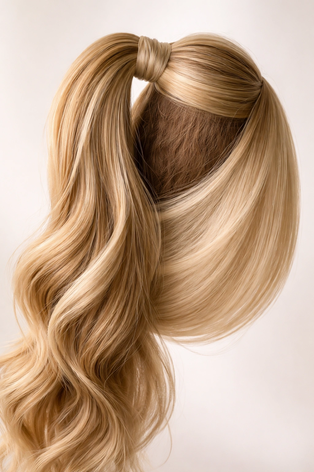 Wrap-around ponytail extension showing dense inner layer and lighter outer layer