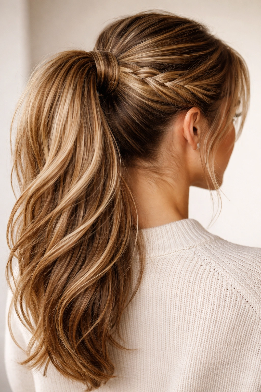 Wrap-around weave diagonally across the back with mid-height ponytail
