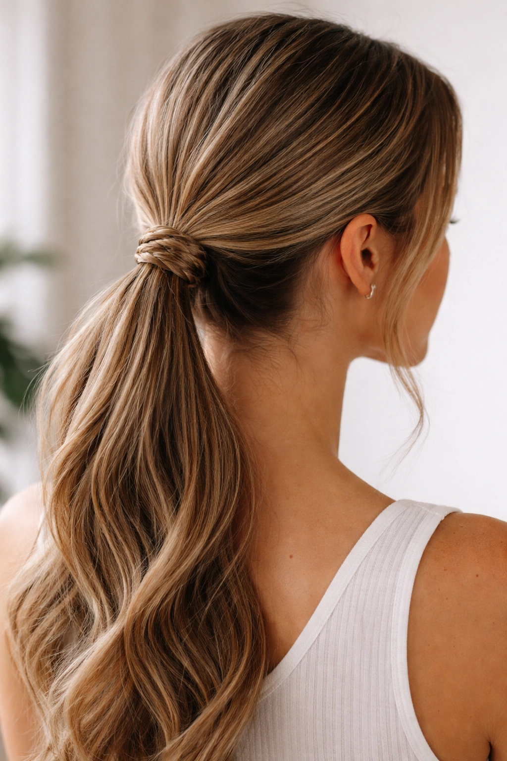 Low ponytail with a thin braid wrapped around the base at the nape